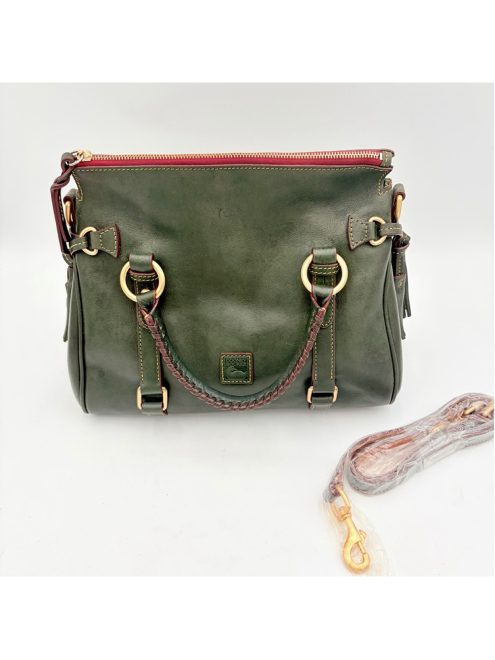 Dooney & Bourke Florentine Satchel Ivy Green Leather Red Trim Shoulder Bag